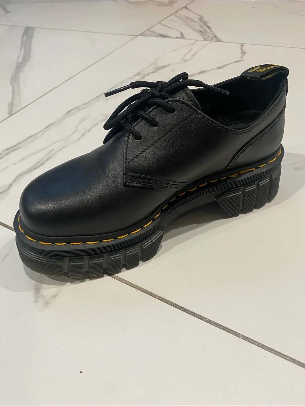 Dr. Martens Black Leather Chunky Platform Lace-Up Shoes with Yellow Stitching